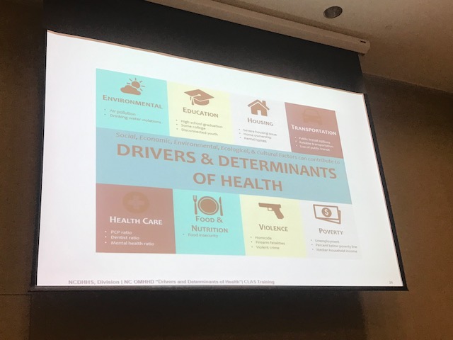 picture of a powerpoint slide from the CLAS training that says the drivers and determinants of health. it says social, economic, environmental, ecological, and cultural factors can contribute to drivers and determinants of health. It states environmental, education, housing, transportation, health care, food & nutrition, violence, and poverty as social determinants. 