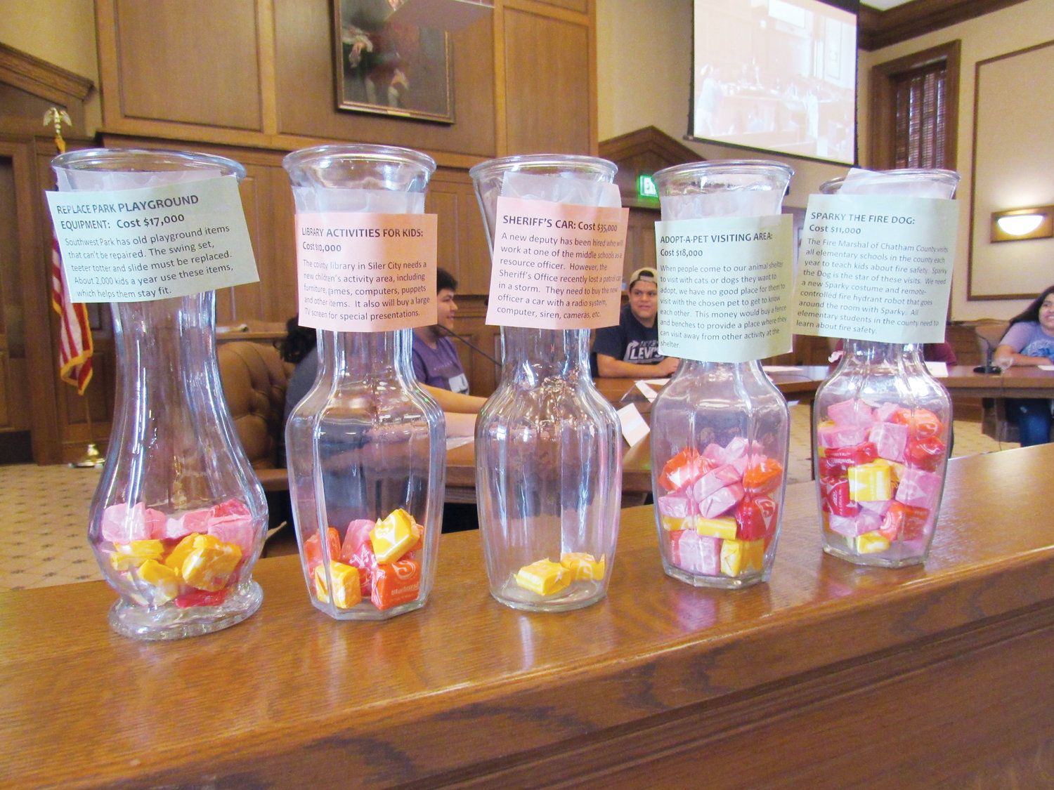 Picture of the voting vases with starbursts that show which projects got funded