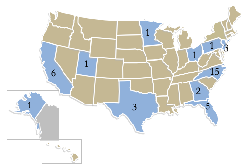 Visual of USA map with NC, California, Florida, Texas, Georgia, Pennsylvania, Texas, Utah, New Jersey, Minnesota, Ohio and Alaska highlighted as states where our online students are coming from this January.